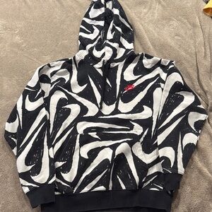 Nike Black & White Abstract Print Crewneck Hoodie with Red Swoosh - Men